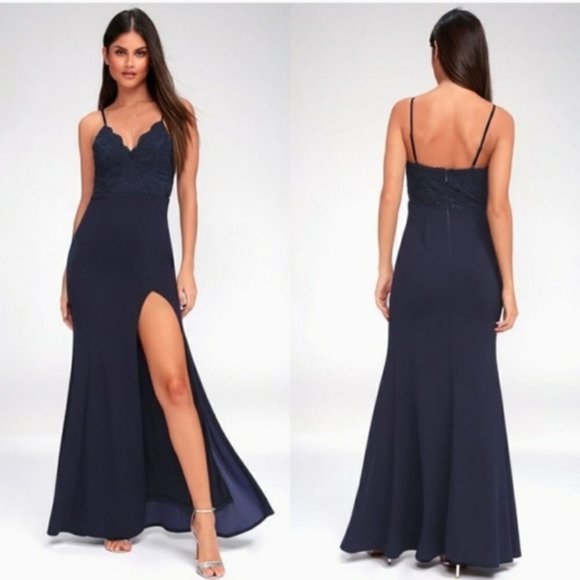 NWT Lulu's Leandra Navy Blue Lace Maxi Dress S - Picture 1 of 1